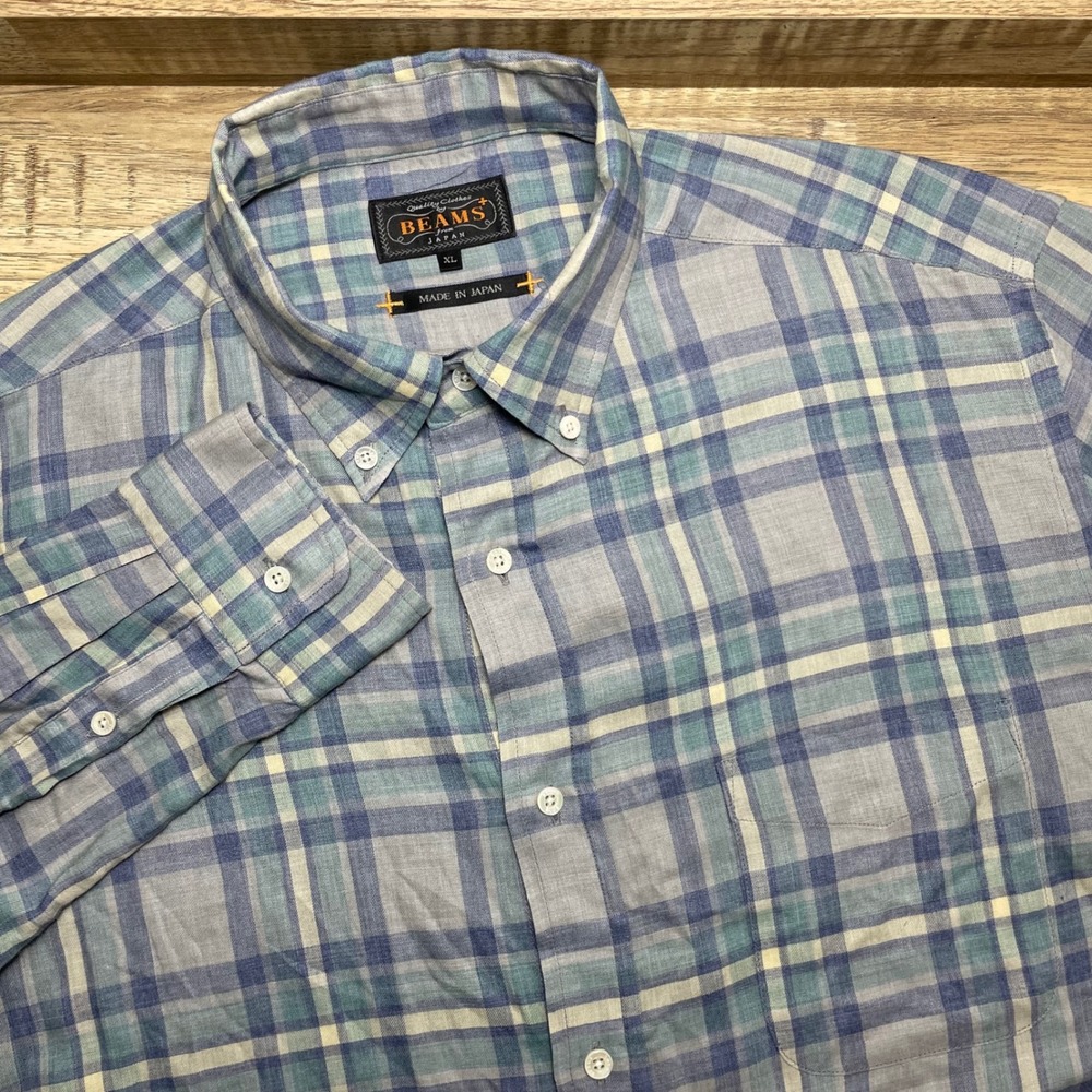 Beams Plus Mens XL Plaid Button Down Shirt Blue Grey Made in Japan Ivy Style EUC